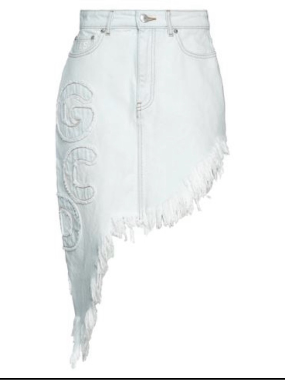 NWT GCDS Asymmetrical Frayed Hem Denim Skirt in Light Blue Wash, Size 25